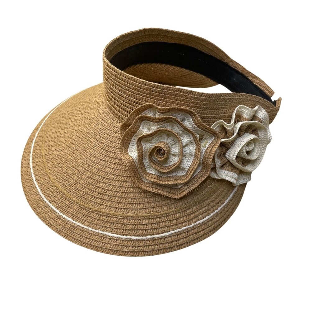 Beige Woven Womens Straw Sun Visor With Floral Accent Adjustable  Closure